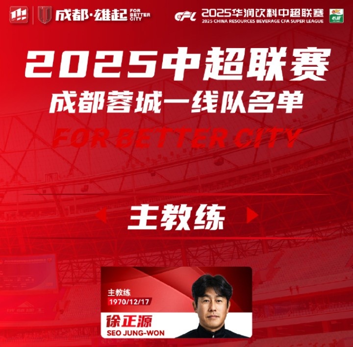 成都蓉城一線隊大名單出爐！