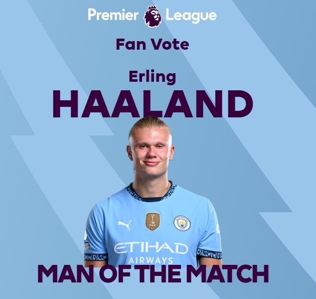  打進(jìn)致勝球！英超官方：哈蘭德當(dāng)選曼城1-0熱刺全場最佳球員